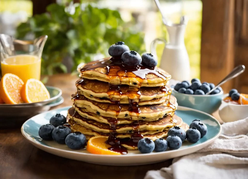 Fluffy Blueberry Pancakes with Maple Syrup