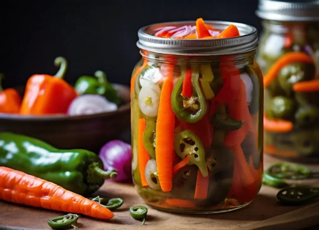 Pickled Jalapenos and Carrots with onions and bell peppers