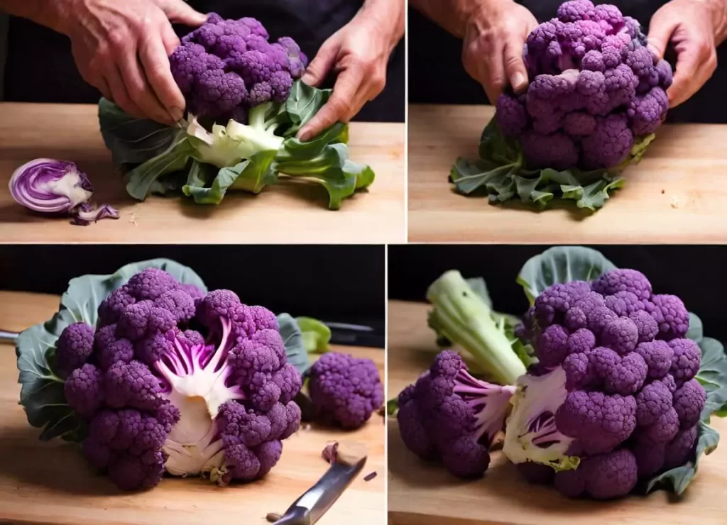 Removing the outer leaves and core fpr Purple Cauliflower , then cutting into even florets