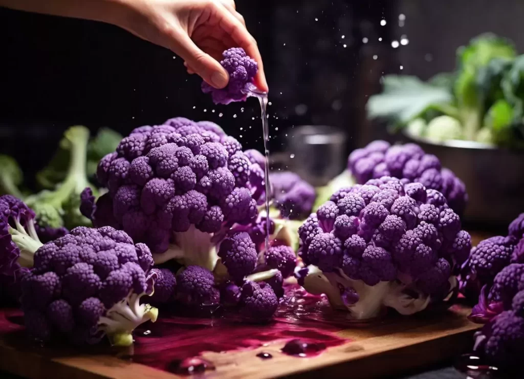 Rinsing Purple Cauliflower thoroughly under cold water 